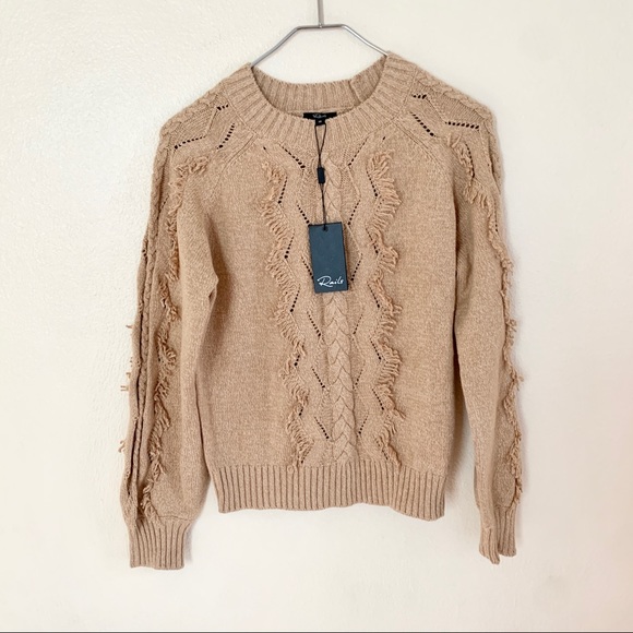 NWT RAILS Francis Sweater Heather Camel Cable & Fringe Sz XS - Picture 3 of 7